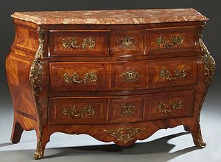 Parquetry Inlaid Ormolu Mounted Louis XV Style Marble Top Mahogany Commode, 20th c., the stepped serpentine rounded edge and corner Breche d'Alpes mar