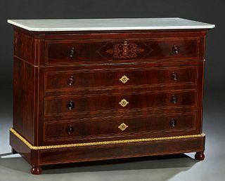 French Ormolu Mounted Marquetry Inlaid Mahogany Marble Top Secretary Commode, 19th c., and later, the canted corner white marble over a fall front sec