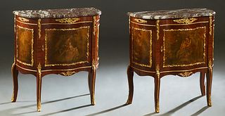 Pair of Louis XV Style Ormolu Mounted Mahogany Marble Top Nightstands, 20th c., the ogee edge highly figured bowed marble over a serpentine door with 