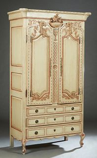 French Louis XV Style Polychromed Armoire, early 20th c, the garland carved crown with cookie corners, over a central floral urn carving, above double