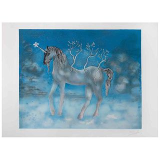 SALVADOR DALÍ, Chevall allègre (Happy unicorn), Signed, Lithography 153 / 300, 7 x 22.8" (18 x 58 cm)
