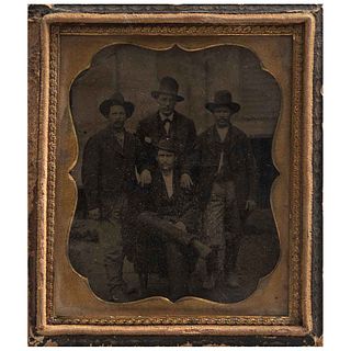 UNIDENTIFIED PHOTOGRAPHER, 4 caballeros, Unsigned, Tintype in case, 3.7 x 3.1" (9.5 x 8 cm) case size, 2.7 x 2.3" (7 x 6 cm) image size