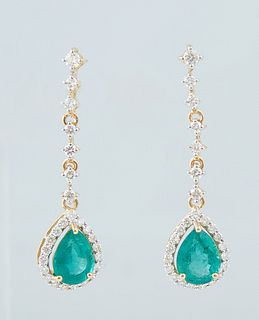 Pair of 18K Yellow Gold Pendant Earrings, with a diamond mounted stud to a five link diamond mounted chain suspending a .94 ct. pear shaped emerald at