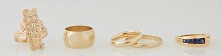 Group of Five Vintage Yellow Gold Rings, consisting of two 14K wedding bands, one Size 12, the other Size 6 1/4, Wt.- .24 Troy Oz.; an 18K Initial exa