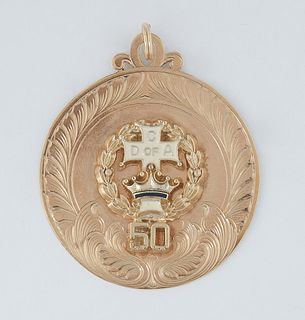 18K Yellow Gold and Enamel Medallion, 1991, for 50 year membership in the Catholic Daughters of America, Dia.- 1 1/2 in., Wt.- .37 Troy Oz.