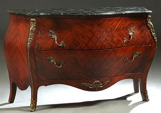 French Style Inlaid Mahogany Ormolu Mounted Marble Top Bombe Commode, 20th c., the figured serpentine ogee edge black marble over two deep drawers, fl