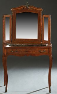Inlaid Mahogany Marble Top Vanity, early 20th c., the arched wide beveled center mirror flanked by two wide beveled adjustable mirrors, on a bowfront 