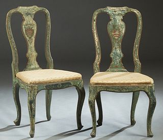 Pair of Paint Decorated Beech Queen Anne Side Chairs, early 19th c., the arched crest rail over a vertical splat painted with a hot air balloon, over 