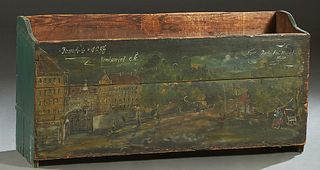 European Painted Pine Open Kindling Box, 19th c., one side with a folk art painting of the "Komisariat," 1856, dated twice, H.- 15 in., W.- 44 1/2 in.