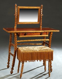 American Carved Pine Tramp Art Vanity and Bench, early 20th c., the vanity with a swivel mirror on a base with a frieze drawer on carved splayed legs 