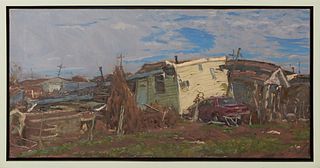Phil Sandusky (New Orleans), "Fragment of Yellow House on Top of Red Car," 2006, oil on canvas, signed and dated lower left middle, gallery labeled en