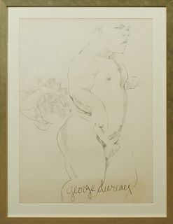 George Valentine Dureau (1930-2014, New Orleans), "Standing Black Nude Dwarf," 20th c., charcoal, signed lower right, presented in a wide gilt frame, 