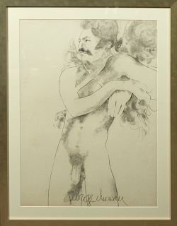 George Valentine Dureau (1930-2014, New Orleans), "Standing Nude Male Angel," 20th c., charcoal, signed lower center, presented in a wide gilt frame, 