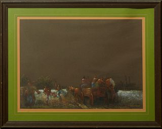 Harold "Napoleon" King (1940-2005, New Orleans), "Loading Cotton on the Levee," 20th c., pastel, signed lower right, presented in a wood frame, H.- 17
