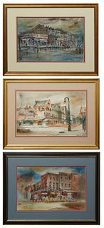 Lula Ameen (20th c., Louisiana), "The French Market," "Continental Produce," "Sciamera Produce," and "Decatur Street," c. 1973, four watercolors, two 