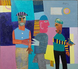 Randell Henry (1958-, Louisiana), "Three Men with a Bird," 1981, mixed media collage on canvas, signed and dated upper right, titled, signed, and date