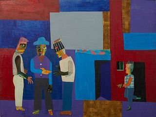 Randell Henry (1958-, Louisiana), "Four Men with a Bird," 1981, collage on canvas, signed and dated upper right, unframed, titled, signed and dated en
