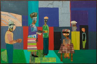 Randell Henry (1958-, Louisiana), "Morning Interior," 1982, mixed media on canvas, signed and dated upper left, titled, signed and dated en verso, H.-