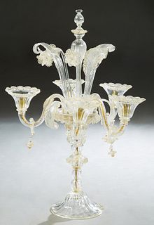 Unusual Venetian Murano Glass Five Light Table Lamp, 20th c., with a knopped glass center spire to a metal lined platform issuing five swirled glass a