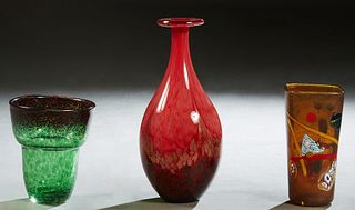 Three Murano Glass Pieces, 20th c., consisting of a square ocher millefiori vase, signed indistinctly on the bottom; a tall red bottle form vase with 