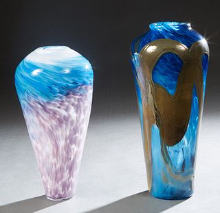 Juli Juneau (New Orleans), Two Large Hand Blown Art Glass Vases, 2010, of tapered form, one with blue striations and gold decoration; the smaller with