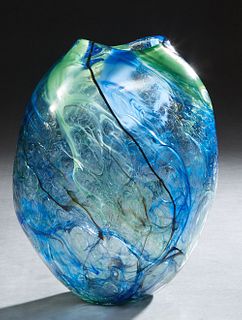 Peter Greenwood (1960), Large Blown Glass Oval Vase, 2000, in blue and green, signed and dated on the underside, H.- 14 1/2 in., W.- 11 in., D.- 5 1/2