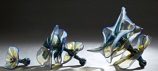 Three Large Murano Glass Floral Sculptures, 20th c., consisting of two triple deckers, and one single flower, unsigned, Largest- H.- 12 1/2 in., Dia.-