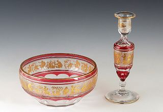 Two Pieces of Val St. Lambert Cranberry-to-Clear Cut Crystal, consisting of a gilt decorated baluster vase and center bowl, both with gilt bands of cl