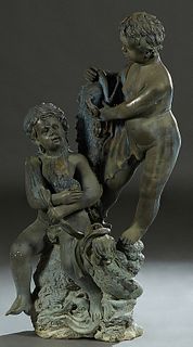 Patinated Bronze Fountain Figure, 20th/21st c., of two putti holding a large fish, H.- 54 3/4 in., W.- 26 in., D.- 18 in.