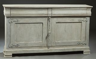 Louis Philippe Style Polychromed Carved Mahogany Sideboard, 20th/21st c., the rectangular top over two cavetto frieze drawers above setback double cup