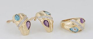 Three Piece Vintage 14K Yellow Gold Jewelry Set, consisting of a snake ring with a one carat pear shaped amethyst and a one carat pear shaped aquamari