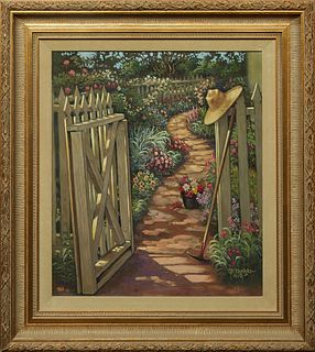 G.R. Norduke, "Flower Garden," 1992, oil on canvas, presented in a gilt frame with velvet, signed and dated lower right, H.- 17 1/2 in., W.- 15 1/4 in