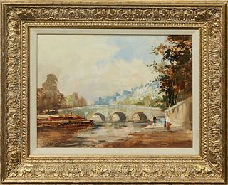 Ivan Taylor (1946-, British), "Pont St. Michel - Paris," 20th c., oil on board, signed lower left, titled en verso, presented in a gilt frame with lin