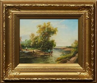 J. Robertson, "Fishing Along the Riverbank," 21st c., oil on panel, signed lower left, presented in a gilt frame, H.- 7 3/8 in., W.- 9 3/8 in., Framed