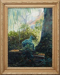 Tom Gardner (20th c., New York), "Dog Sculpture in the Garden," oil on board, signed lower right, presented in a gilt frame, H.- 23 1/2 in., W.- 17 1/