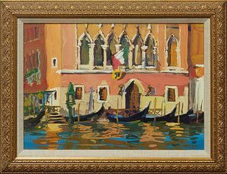 "Venetian Canal Scene," 21st c., gouache and acrylic on paper, initialed in pencil lower right, presented in a gilt frame, H.- 9 3/4 in., W.- 13 3/4 i