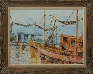 Gregory Kiger (Louisiana), "Shrimp Boats," 1971, oil on board, signed lower right, presented in a wood frame, signed en verso, H.- 17 1/2 in., W.- 23 