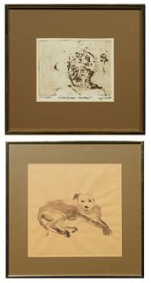 Dickie Waters, "Reclining Dog," 1962, watercolor on paper, presented in a gold metal frame, H.- 11 in., W.- 11 in., paired with "Astrological Portrait