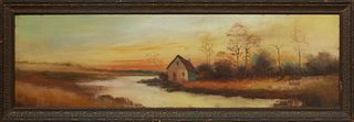 American School, "Cabin in the Marsh," 20th c., oil and pastel on board, signed indistinctly bottom center, presented in a wood frame, H.- 9 5/8 in., 