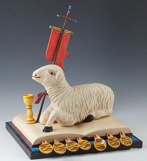 Charles M. Carrillo (1956-, Santa Fe, New Mexico), "The Seven Sacraments," 2000, hand made polychromed sculpture, on a stepped integral base, signed a