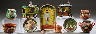 Eleven Pieces of Mexican Painted Pottery, 20th c., consisting of four painted bowls, 2 painted saucers, signed Salvador Vasquez; a Plaque- Juan Diego 