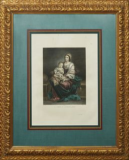 After Morilos, La Vierge at L'Enfant Jesus, 19th c., colored engraving, presented in a relief giltwood frame with a beaded liner, H.- 18 in., W.- 13 3