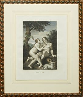 After Carlo Cignani (1628-1719), "Adam et Eve," 19th c, colored engraving, presented in a twist carved gilt frame, H.- 17 5/8 in., W.- 12 7/8 in.