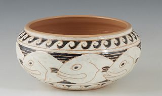 Shearwater Pottery Fish Bowl, 1977, by James (Mac) Anderson (1907-1998), the baluster sides with incised fish and wave decoration, the bottom signed "