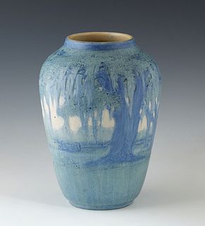Newcomb College Art Pottery Matte Baluster Vase, 1918, by Anna Frances Simpson, with daytime moss draped oak decoration, thrown by Joseph Meyer, the b