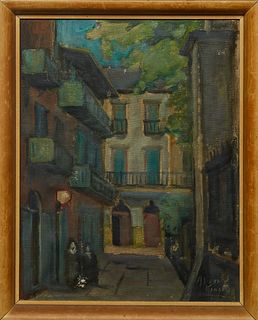 Alberta Kinsey (1875-1952, Louisiana), "Nuns in Pirates Alley," 20th c., oil on canvas, signed lower right, presented in a wood frame, H.- 15 3/4 in.,