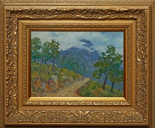 William Woodward (1859-1939, Louisiana), "Road to Mount Mitchell, North Carolina," 1923, oil on board, signed and dated lower left, pen signed and tit