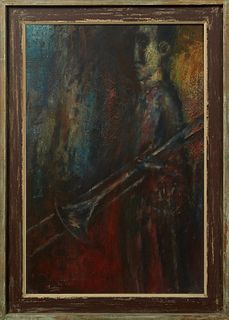 Noel Rockmore (1928-1995, New Orleans), "Man with Trombone," 1963, oil on board, from the New York Jazz Series, signed and dated lower left, presented