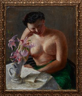 Gladys Rockmore Davis (1901-1967, New York), "Portrait of a Nude Sitting with Flowers," 18th c., oil on canvas, unsigned, presented in a gilt frame, H