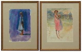 Don Wright (1938-2007, Louisiana), "Woman and Child," and "Woman in Field," 20th c., pair of watercolors on paper, both signed lower left, presented i